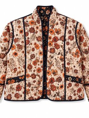 Simply Southern Floral reversible Quilted Jacket in Cream, Orange & Brown